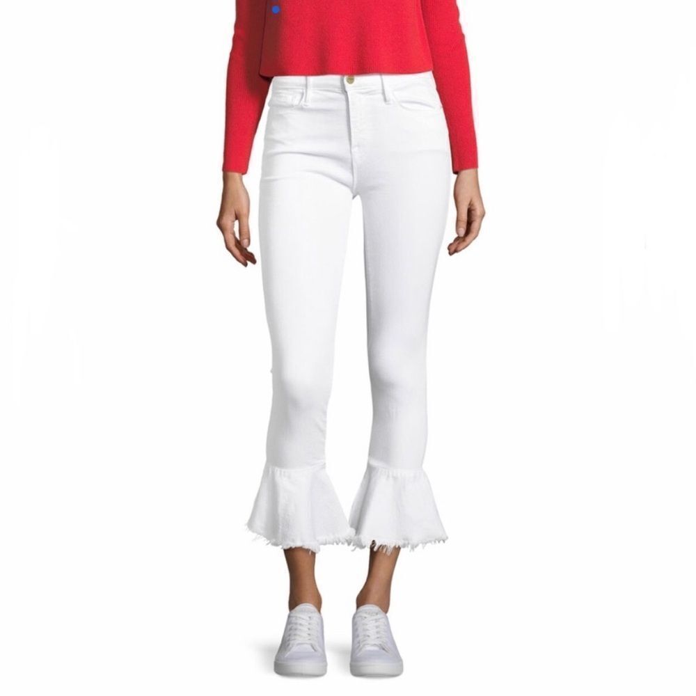 Frame Denim White Ankle Cropped Jeans with Flared Hem